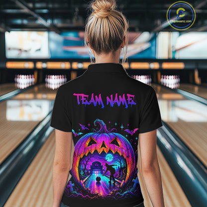 Custom Halloween Pumpkin Bowling Shirt Neon Glow Bowling Team Jersey for Women Polo & Quarter-Zip QZT1227