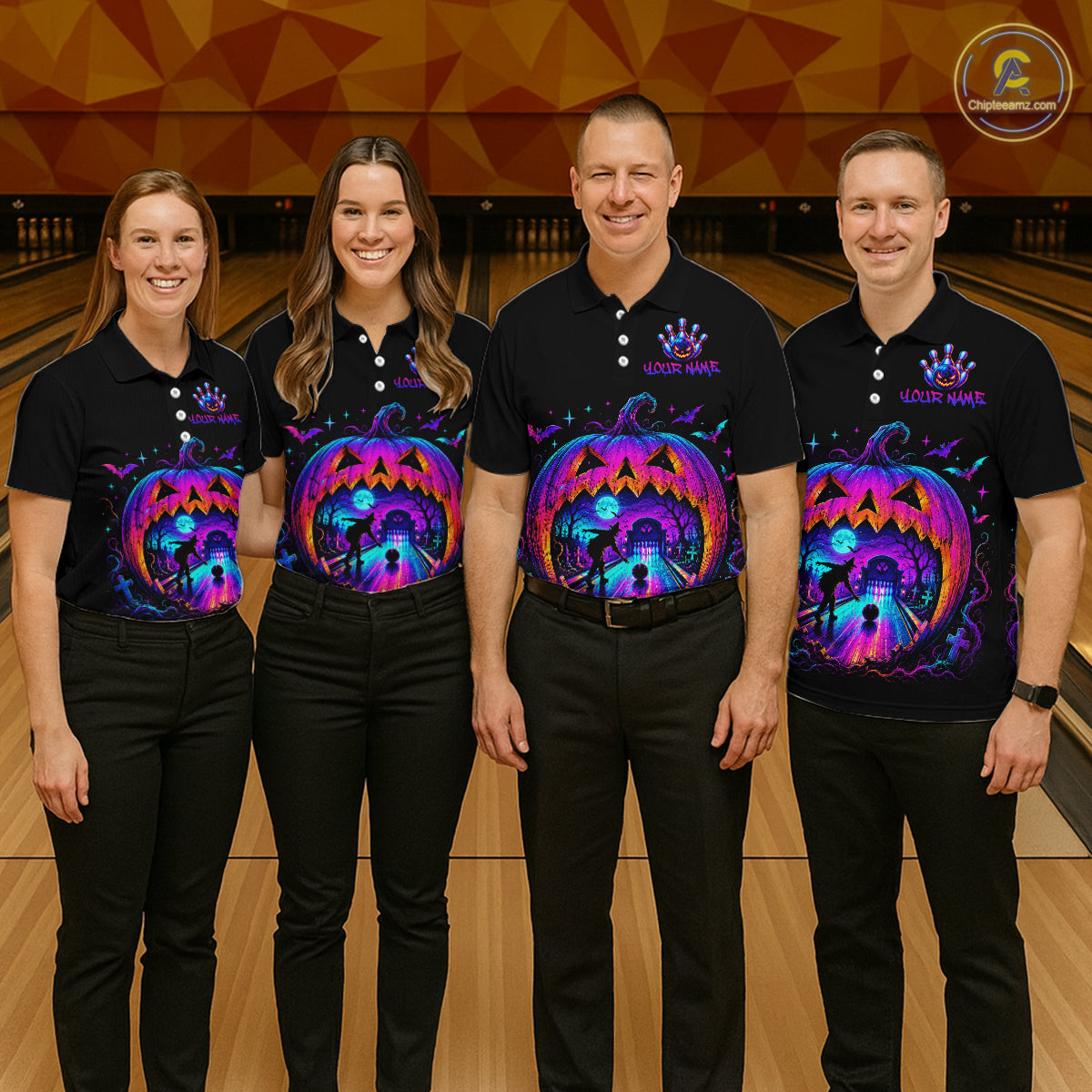Custom Halloween Pumpkin Bowling Shirt Neon Glow Bowling Team Jersey for Women Polo & Quarter-Zip QZT1227