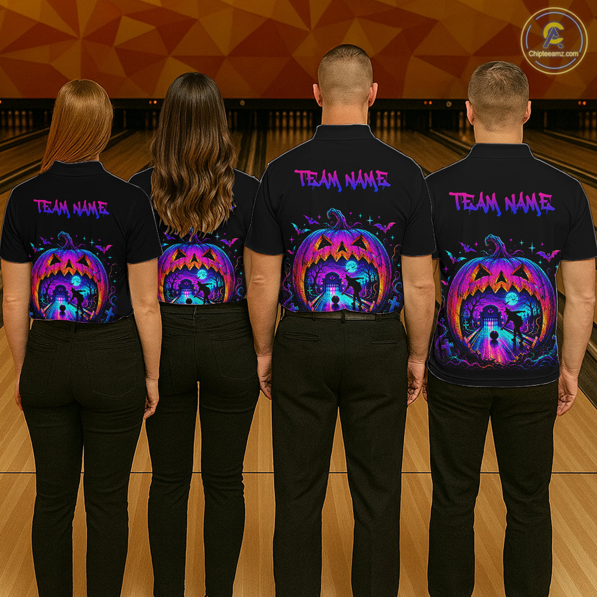 Custom Halloween Pumpkin Bowling Shirt Neon Glow Bowling Team Jersey for Women Polo & Quarter-Zip QZT1227