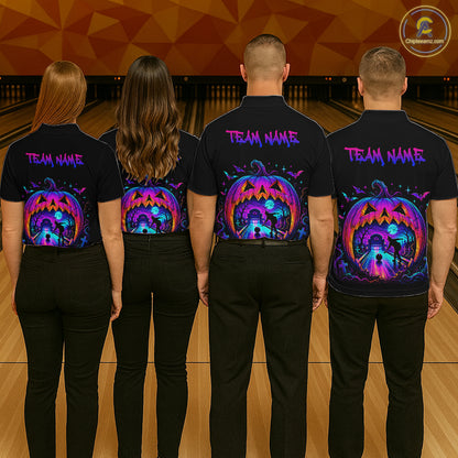 Custom Halloween Pumpkin Bowling Shirt Neon Glow Bowling Team Jersey for Women Polo & Quarter-Zip QZT1227