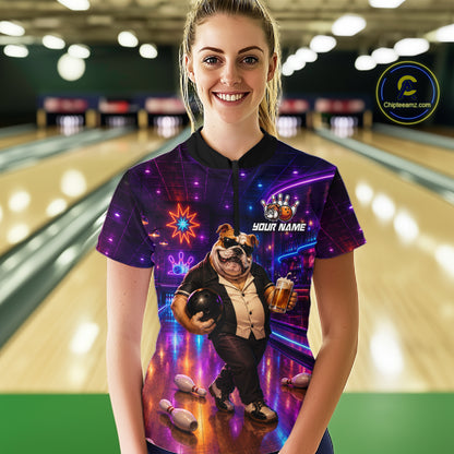 Custom Neon Funny Bulldog Bowling Shirt Bowling Team Jersey for Women Polo & Quarter-Zip QZT1228