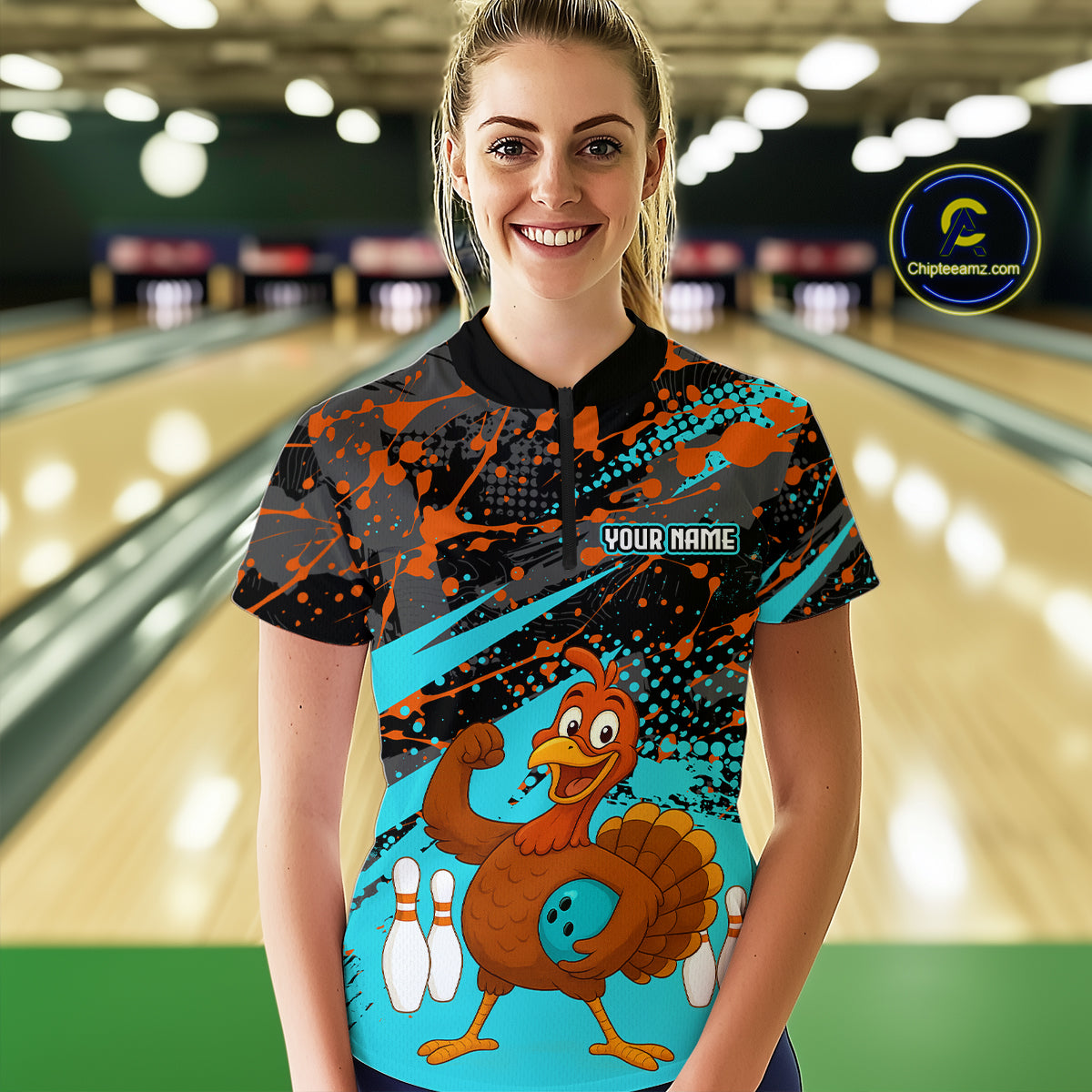 Turquoise Funny Turkey Bowling Team Shirt for Women Bowling Jersey Thanksgiving Bowling Outfit QZT776