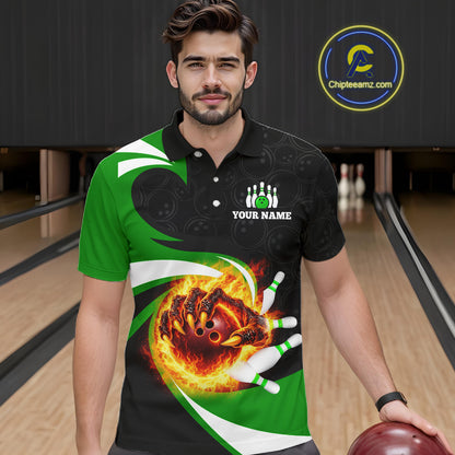 Personalized Green Flame Demon Hand Bowling Shirt for Men Bowling Outfit Polo & Quarter-Zip Bowling Jersey QZT867
