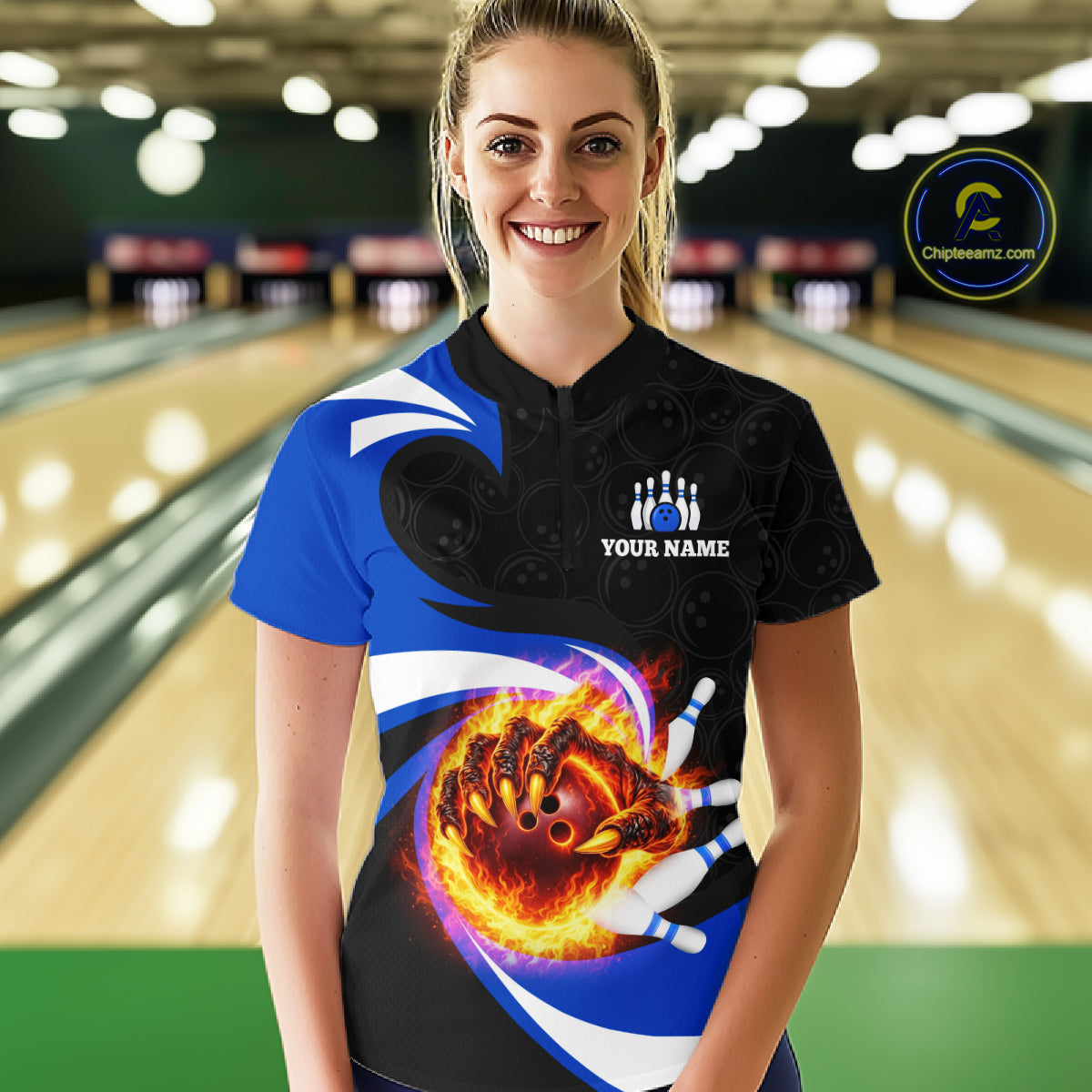 Personalized Blue Flame Demon Hand Bowling Shirt for Women Bowling Outfit Polo & Quarter-Zip Bowling Jersey QZT867