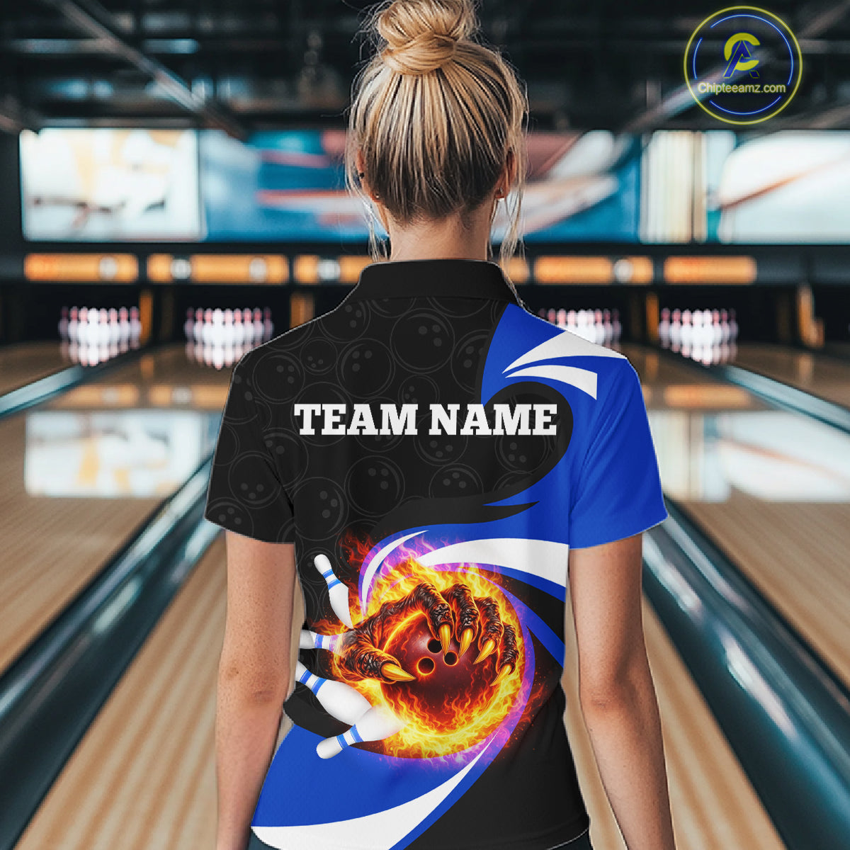 Personalized Blue Flame Demon Hand Bowling Shirt for Women Bowling Outfit Polo & Quarter-Zip Bowling Jersey QZT867