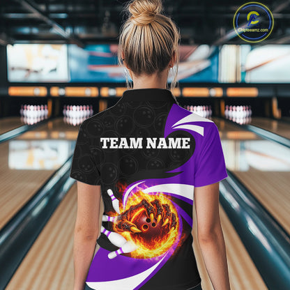 Personalized Purple Flame Demon Hand Bowling Shirt for Women Bowling Outfit Polo & Quarter-Zip Bowling Jersey QZT867