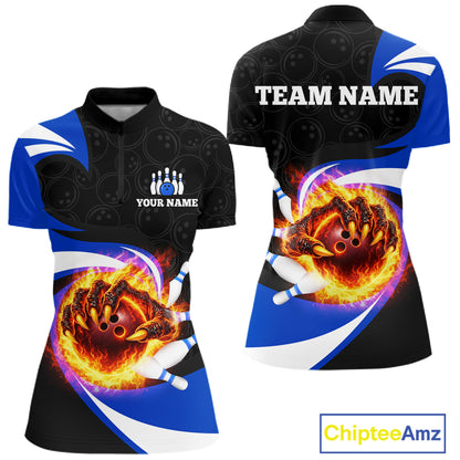 Personalized Blue Flame Demon Hand Bowling Shirt for Women Bowling Outfit Polo & Quarter-Zip Bowling Jersey QZT867