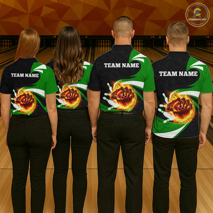Personalized Green Flame Demon Hand Bowling Shirt for Men Bowling Outfit Polo & Quarter-Zip Bowling Jersey QZT867
