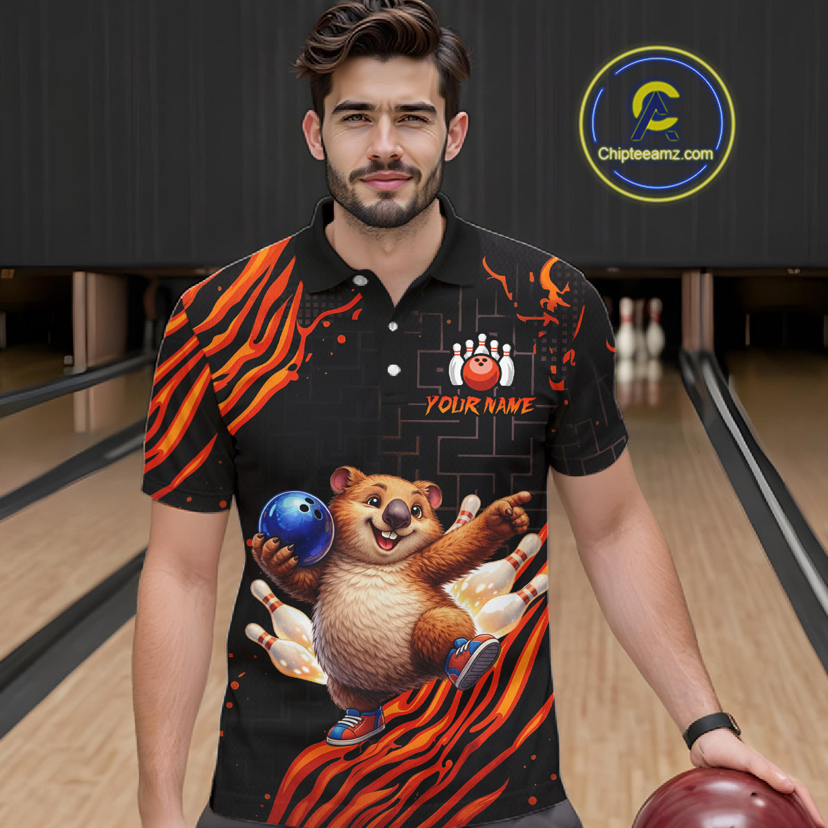 Orange Funny Wombat Bowling Shirt for Men Custom Bowling Jersey Polo & Quarter-Zip Bowling Outfit  QZT923