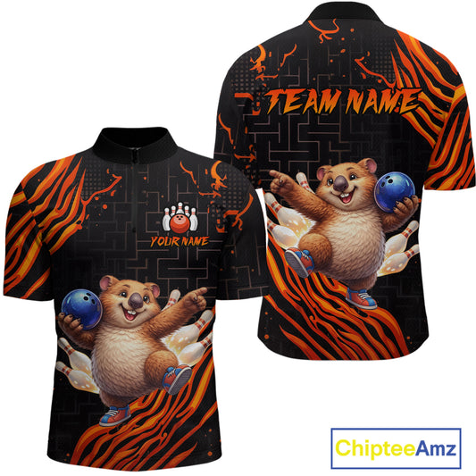Orange Funny Wombat Bowling Shirt for Men Custom Bowling Jersey Polo & Quarter-Zip Bowling Outfit  QZT923