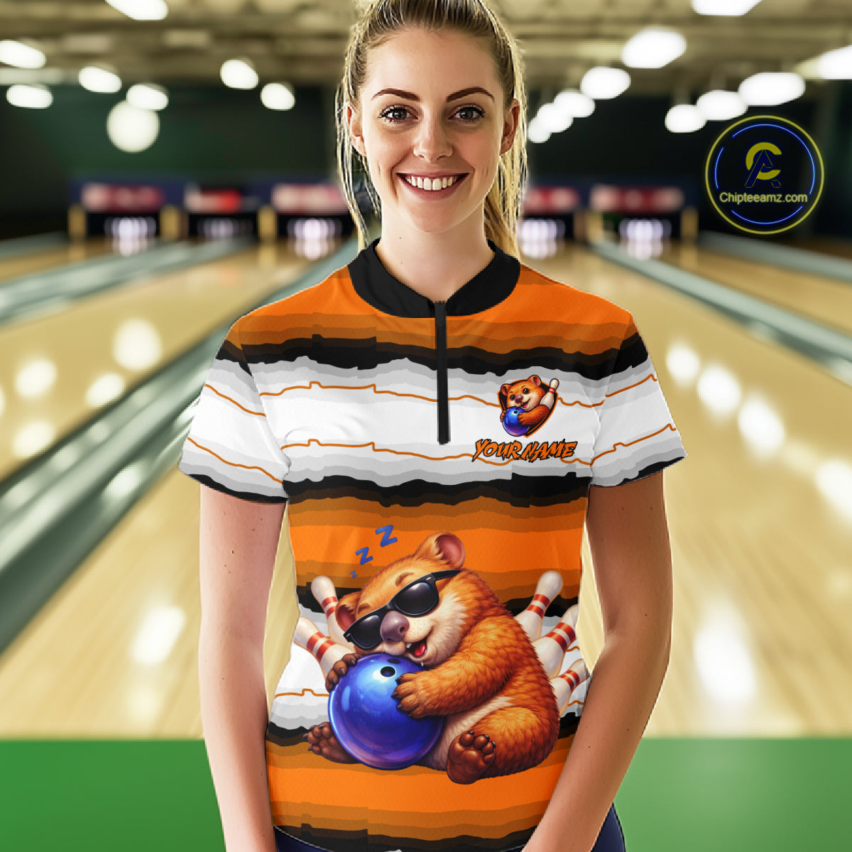 Custom Orange Wombat Bowling Shirt for Women Bowling League Jersey Polo & 1/4-Zip Bowling Outfit QZT925