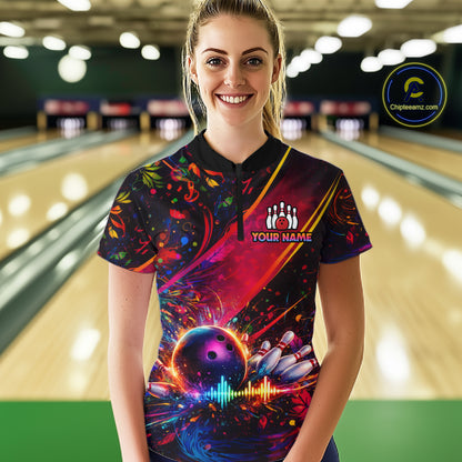Custom Retro Music Bowling Shirt for Women Bowling Jersey Polo & 1/4-Zip Bowling Tournament QZT954