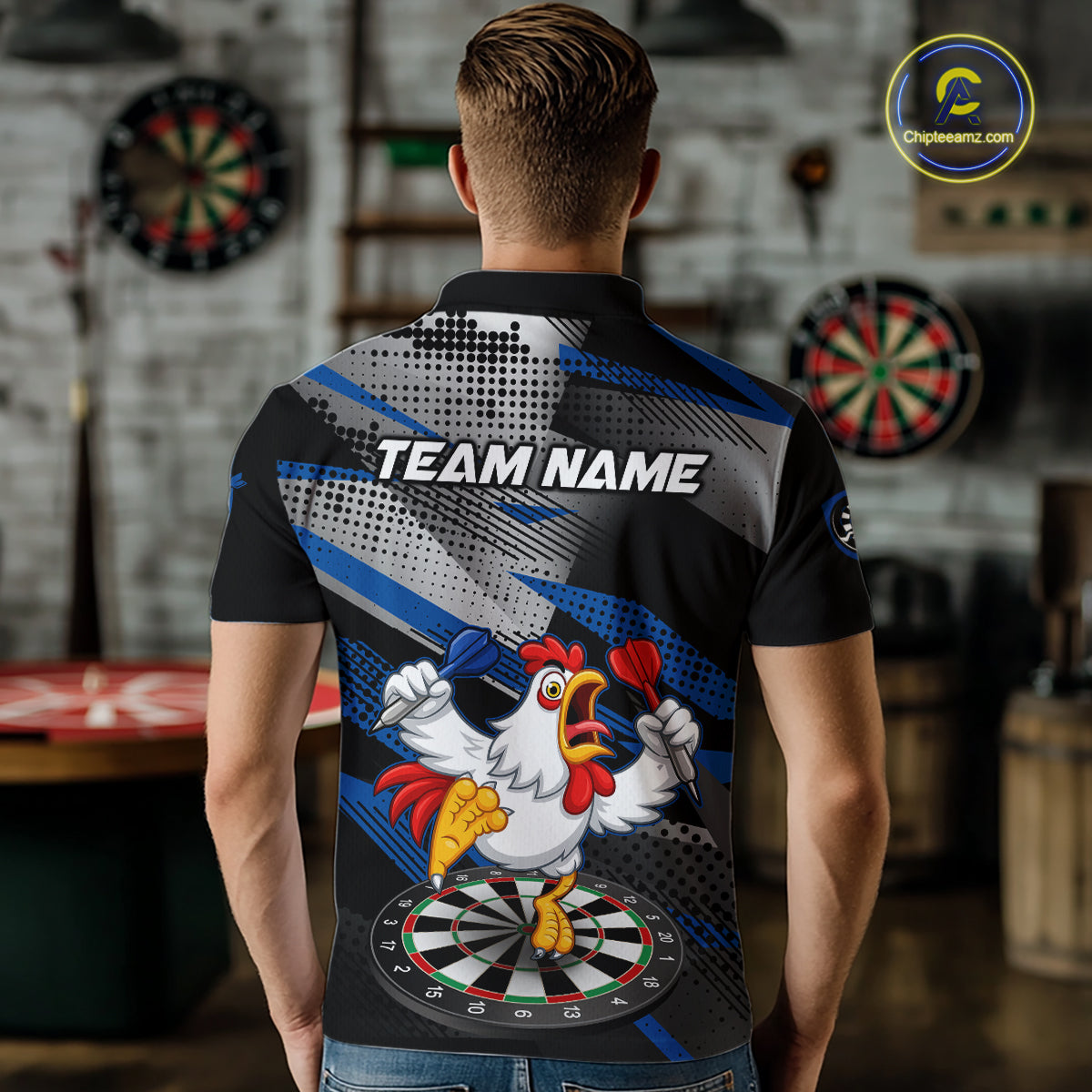 Custom Blue Funny Chicken Dart Shirt for Men Dartboard Team Jersey Polo & Quarter-Zip DHT38