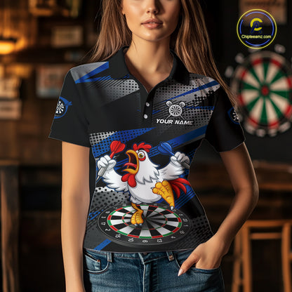 Custom Blue Funny Chicken Dart Shirt for Women Dartboard Team Jersey Polo & Quarter-Zip DHT38
