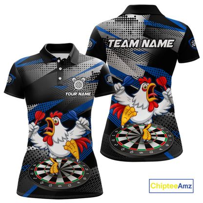 Custom Blue Funny Chicken Dart Shirt for Women Dartboard Team Jersey Polo & Quarter-Zip DHT38