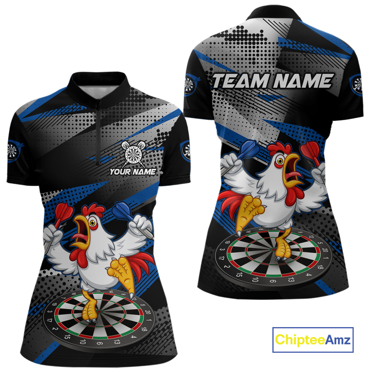 Custom Blue Funny Chicken Dart Shirt for Women Dartboard Team Jersey Polo & Quarter-Zip DHT38