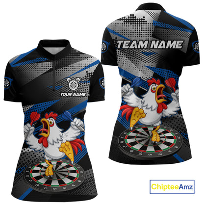 Custom Blue Funny Chicken Dart Shirt for Women Dartboard Team Jersey Polo & Quarter-Zip DHT38