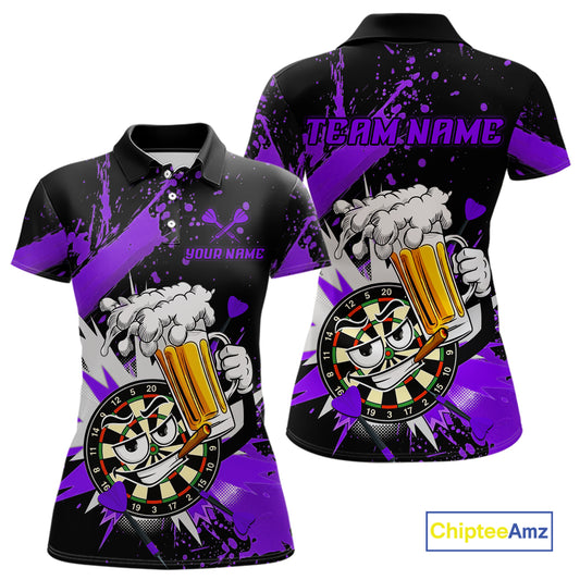Custom short-sleeve polo shirt shown from the front and back, featuring a black base with bold purple paint splatter graphics, a cartoon dartboard character holding a beer mug, and customizable text areas reading 'YOUR NAME' and 'TEAM NAME'.