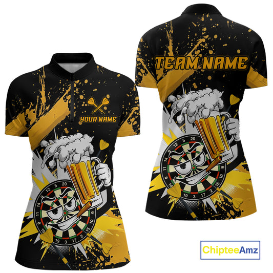 Front and back views of a custom short-sleeve quarter-zip jersey featuring a cartoon dartboard character holding a foaming beer mug, with yellow paint splatters and text placeholders 'TEAM NAME' and 'YOUR NAME'.