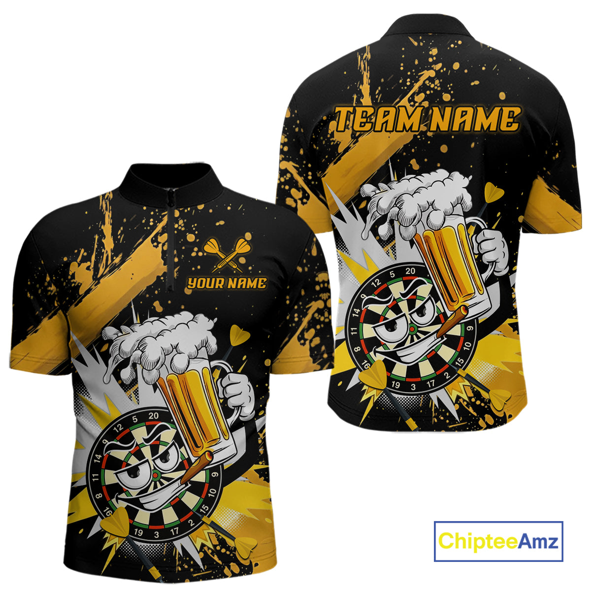 Front and back views of a black short-sleeve quarter-zip with a bold yellow, white, and gray graphic print featuring cartoon beer mugs, dartboards, and paint splatters. The front has placeholder text 'YOUR NAME' and 'TEAM NAME' on the chest.