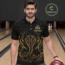 Load image into Gallery viewer, Man wearing custom black &amp; gold cobra bowling polo shirt, front view mockup, personalized bowling league jersey.