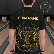 Load image into Gallery viewer, Man wearing custom black &amp; gold cobra bowling polo shirt, back view mockup, personalized bowling league jersey.