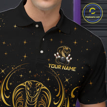 Load image into Gallery viewer, Close-up collar view of custom black &amp; gold cobra  bowling polo shirt with personalized name detail.