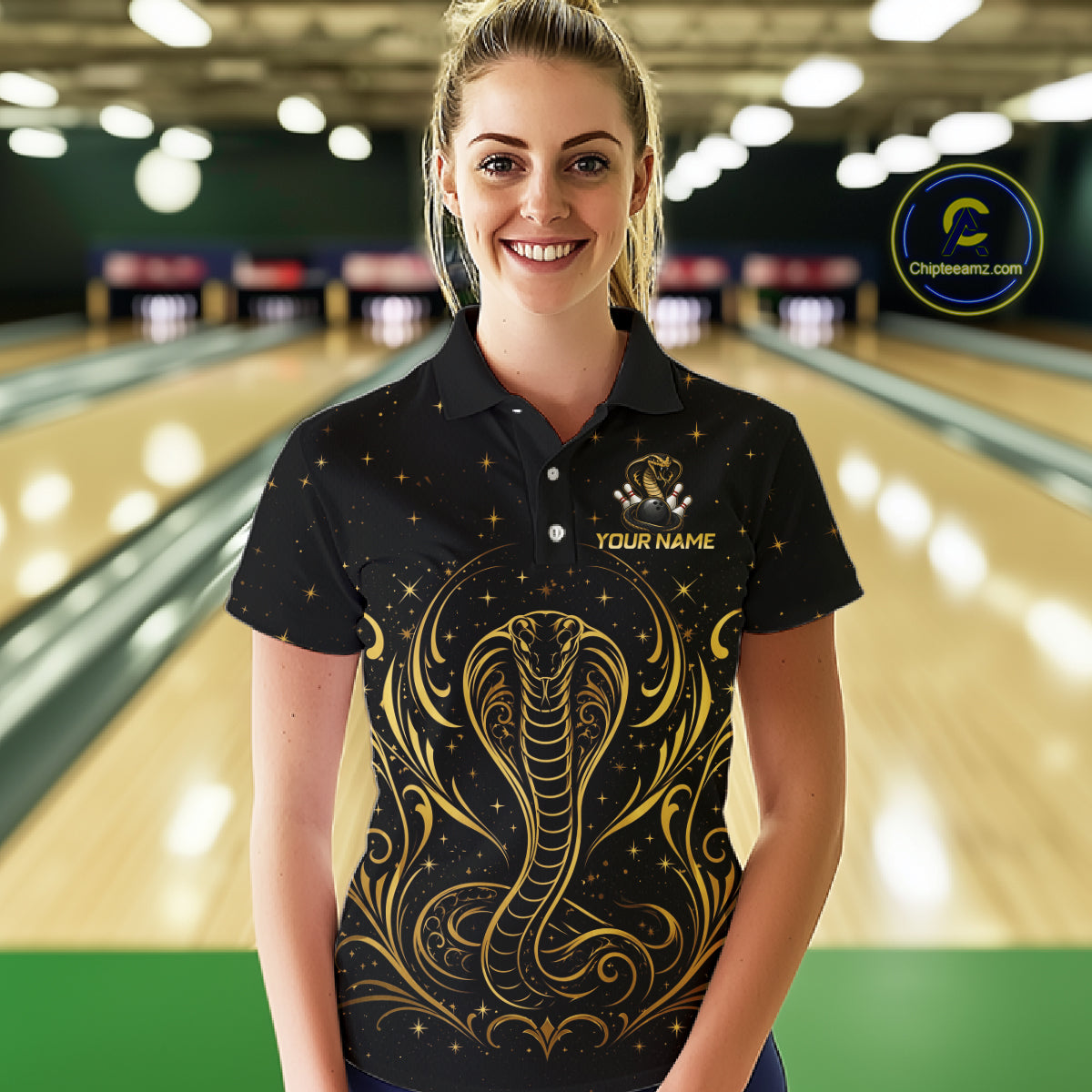 Woman wearing custom black & gold cobra bowling polo shirt, front view mockup, personalized bowling league jersey.