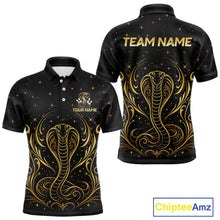 Load image into Gallery viewer, Custom black &amp; gold cobra bowling polo shirt, front and back views, bowling league jersey for men