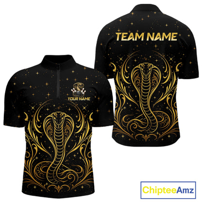 Custom black & gold cobra bowling quarter-zip shirt, front and back views, bowling league jersey for men