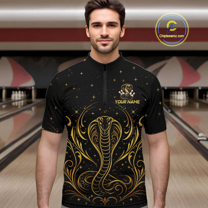 Man wearing custom black & gold cobra bowling quarter-zip shirt, front view mockup, personalized bowling league jersey.
