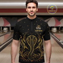 Load image into Gallery viewer, Man wearing custom black &amp; gold cobra bowling quarter-zip shirt, front view mockup, personalized bowling league jersey.