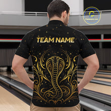 Load image into Gallery viewer, Man wearing custom black &amp; gold cobra bowling 1/4 zip shirt, front view mockup, personalized bowling league jersey.
