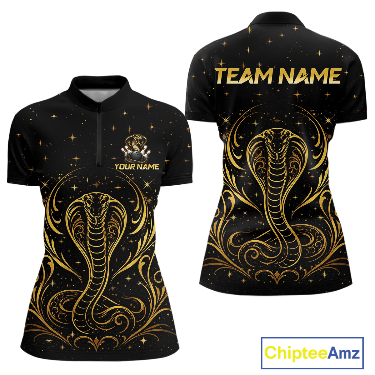 Custom black & gold cobra bowling quarter-zip shirt, front and back views, bowling league jersey for women