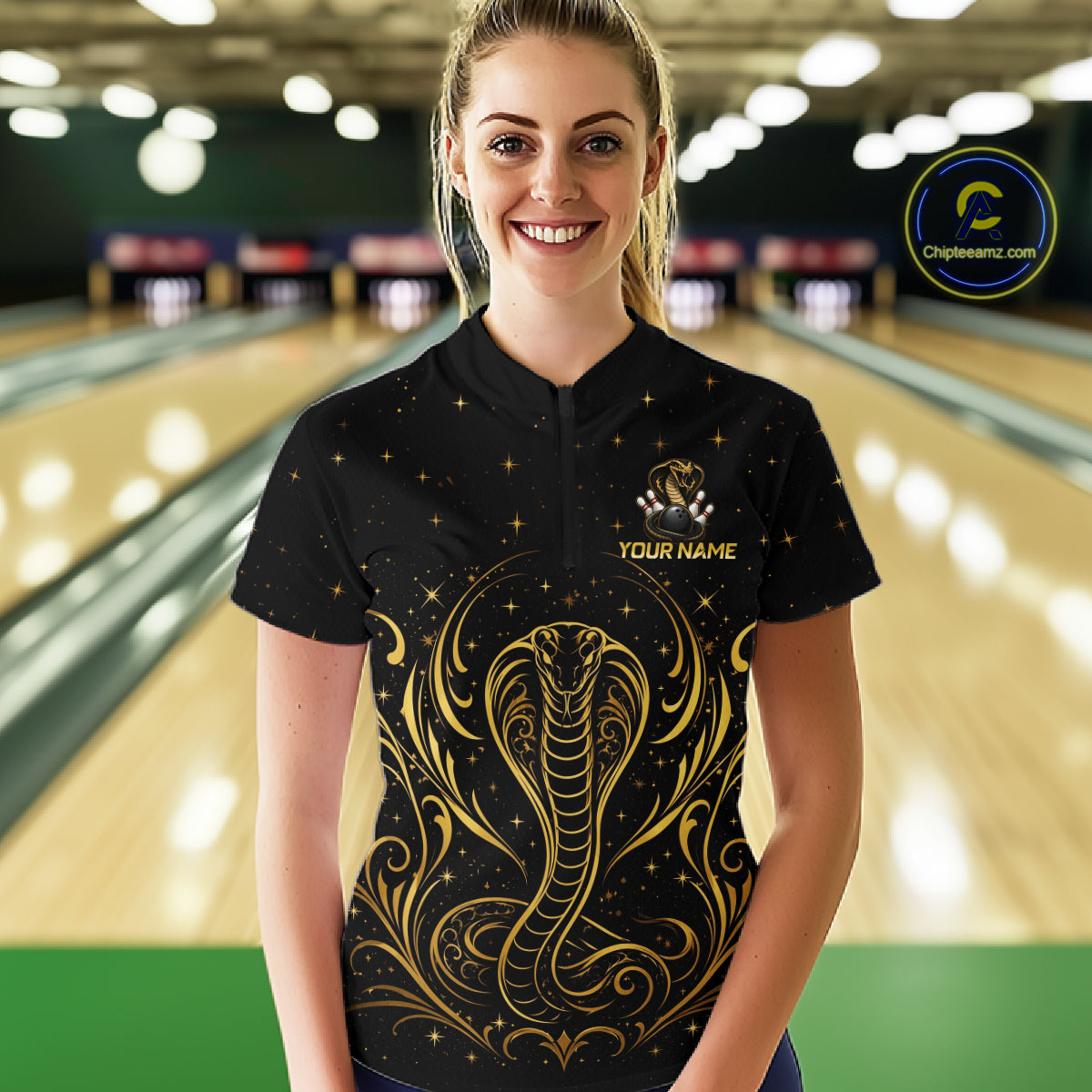 Woman wearing custom black & gold cobra bowling quarter-zip shirt, front view mockup, personalized bowling league jersey.