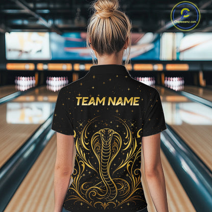 Woman wearing custom black & gold cobra bowling polo shirt, back view mockup, personalized bowling league jersey.