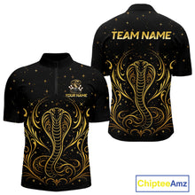 Load image into Gallery viewer, Custom black &amp; gold cobra bowling quarter-zip shirt, front and back views, bowling league jersey for men