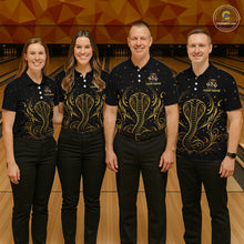 Load image into Gallery viewer, Bowling team wearing custom black &amp; gold cobra bowling shirts, group front view mockup, personalized team jerseys.