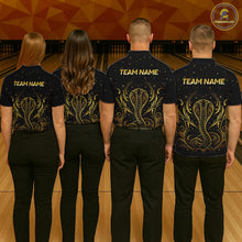 Load image into Gallery viewer, Bowling team wearing custom black &amp; gold cobra bowling shirts, group back view mockup, personalized team jerseys.