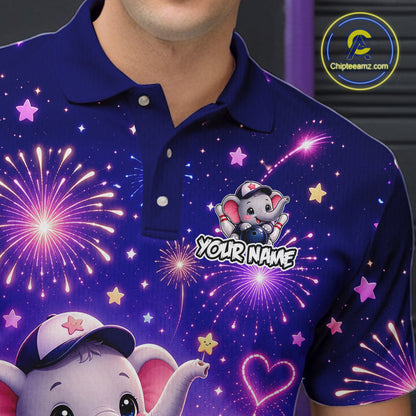 Close-up collar view of custom funny elephant firework bowling polo shirt with personalized name detail.