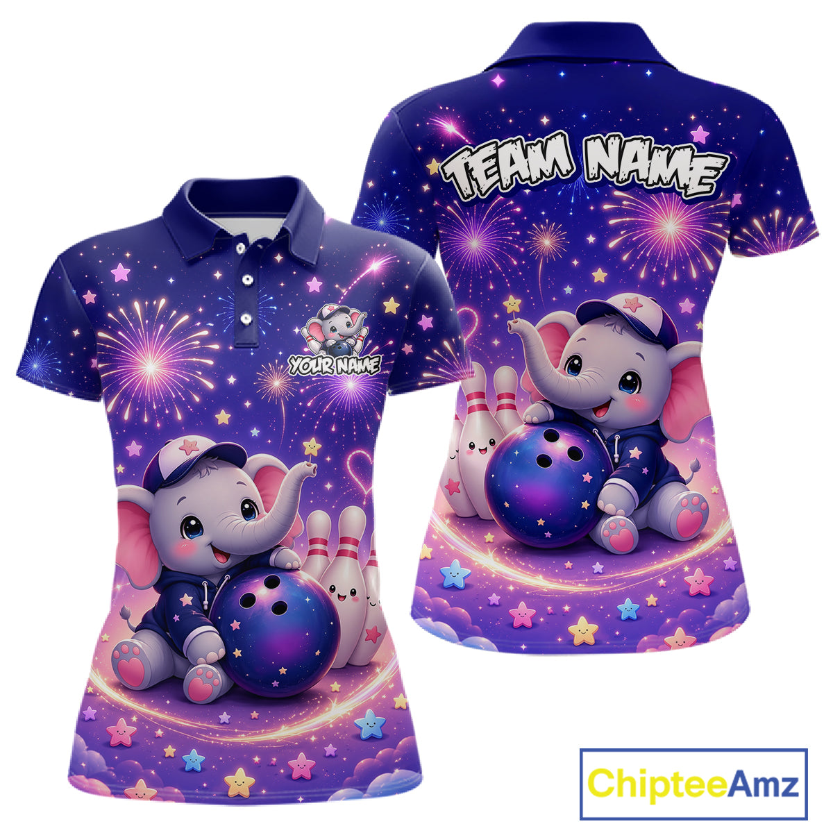 Custom funny elephant firework bowling polo shirt, front and back views, bowling league jersey for women