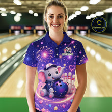 Load image into Gallery viewer, Woman wearing custom funny elephant firework bowling polo shirt, front view mockup, personalized bowling league jersey.