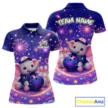 Load image into Gallery viewer, Custom funny elephant firework bowling polo shirt, front and back views, bowling league jersey for women