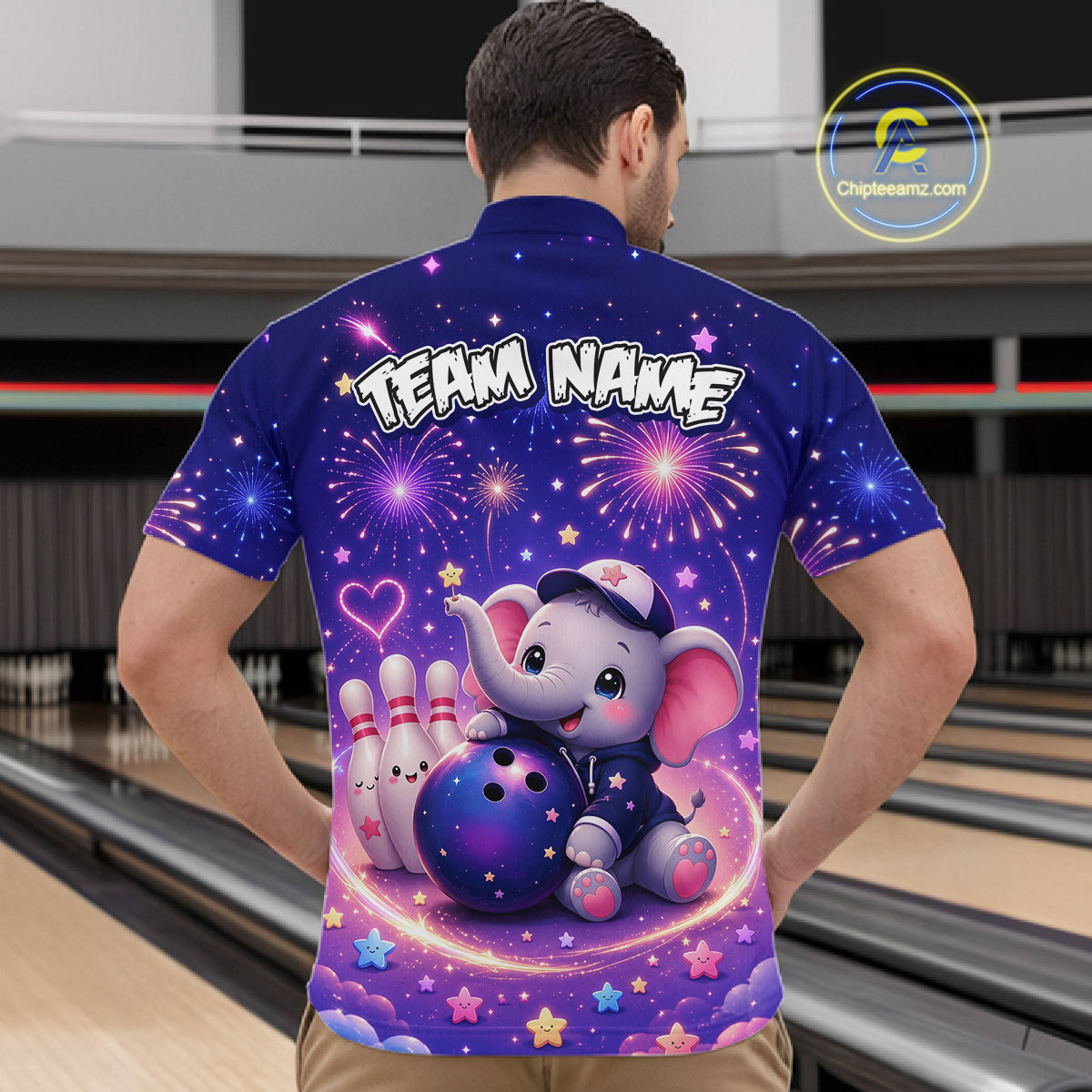 Man wearing custom funny elephant firework bowling 1/4 zip shirt, back view mockup, personalized bowling league jersey.