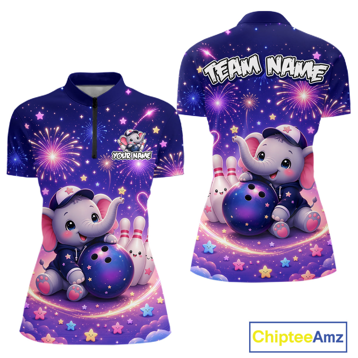 Custom funny elephant firework bowling quarter-zip shirt, front and back views, bowling league jersey for women