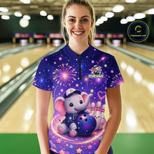 Load image into Gallery viewer, Woman wearing custom funny elephant firework bowling 1/4 zip shirt, front view mockup, personalized bowling league jersey.