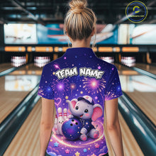 Load image into Gallery viewer, Woman wearing custom funny elephant firework bowling polo shirt, back view mockup, personalized bowling league jersey.