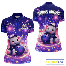 Load image into Gallery viewer, Custom funny elephant firework bowling quarter-zip shirt, front and back views, bowling league jersey for women