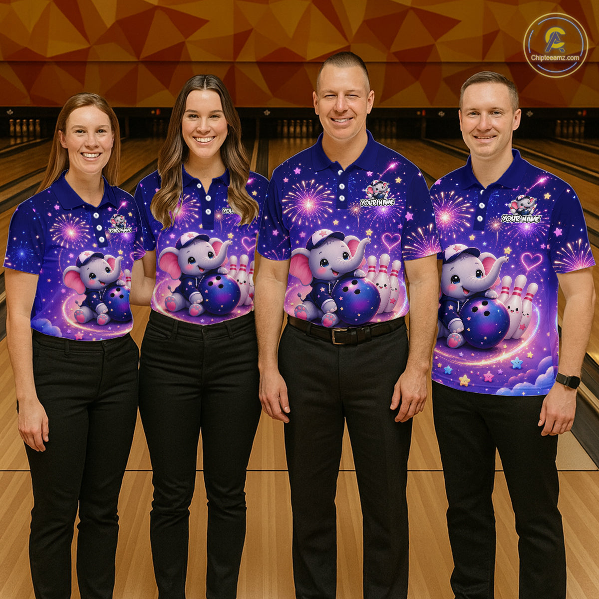 Bowling team wearing custom funny elephant firework bowling shirts, group front view mockup, personalized team jerseys.