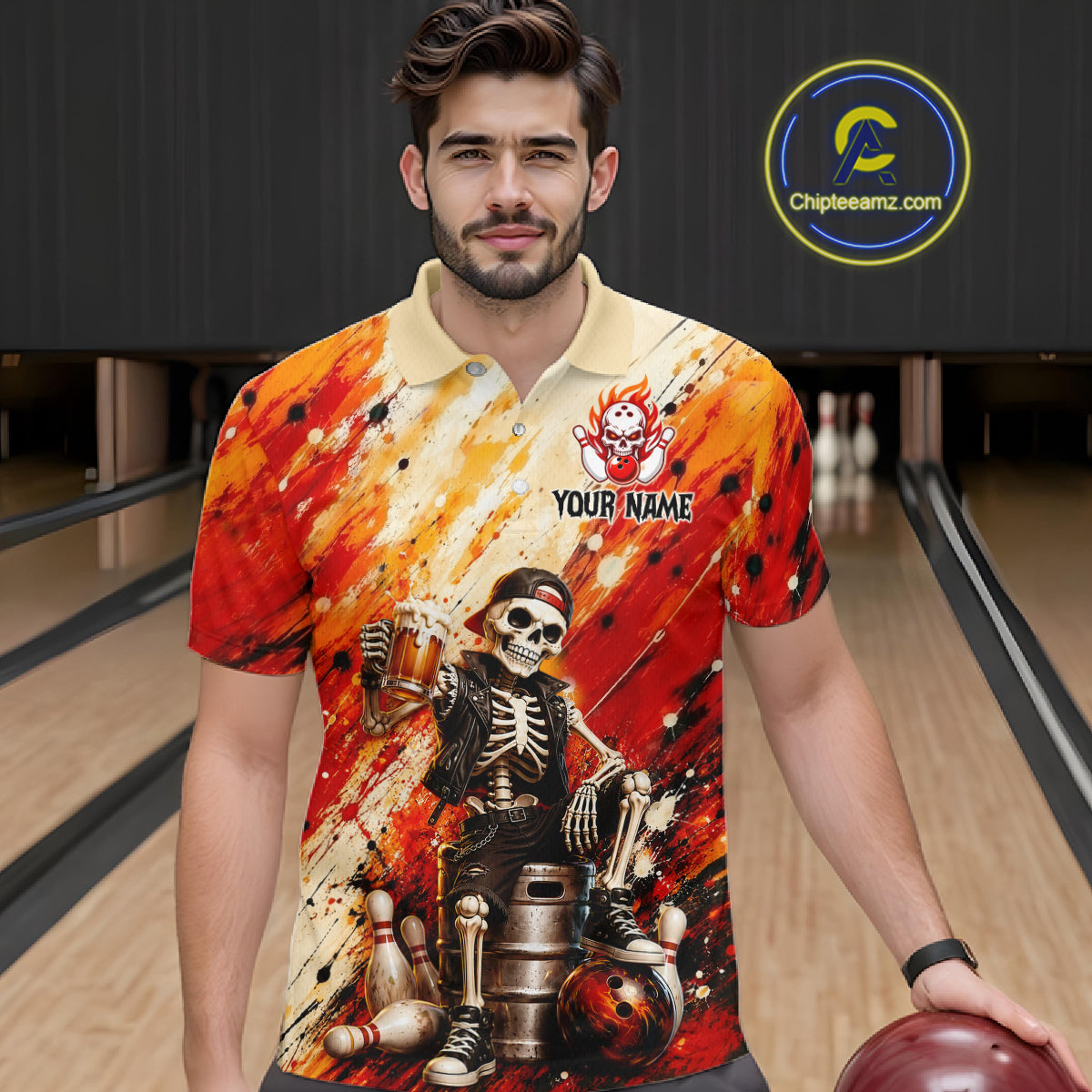 Man wearing custom orange skeleton & beer bowling polo shirt, front view mockup, personalized bowling league jersey.